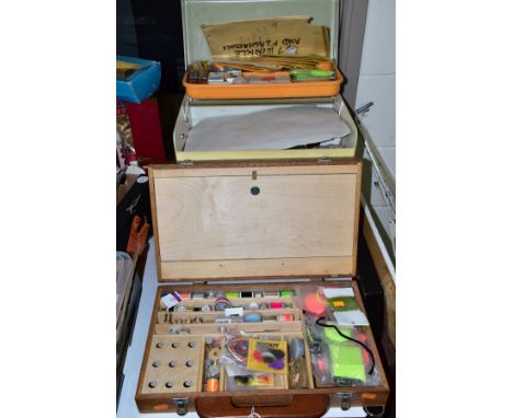 THREE CASES OF ASSORTED FLY TYING EQUIPMENT AND MATERIALS, two wooden cases and a plastic case, contents to include a few too