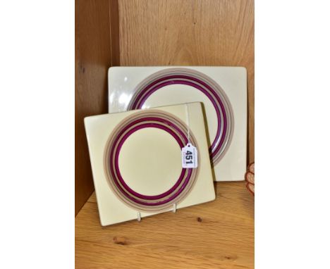 TWO CLARICE CLIFF WILKINSON LTD BIZARRE RECTANGULAR PLATES, the dished centre with concentric light brown and mauve bands, ma