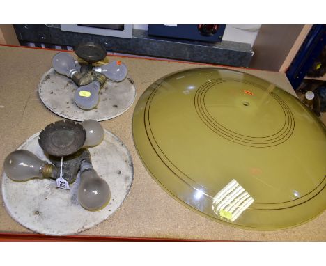 A PAIR OF CEILING LIGHTS WITH GLASS SHADES, each fitting holds three bayonet fit light bulbs, approximate diameter of shades 
