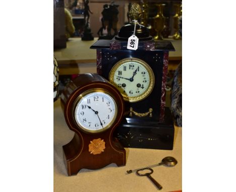 EDWARDIAN AND VICTORIAN MANTEL CLOCKS, comprising a 7 day platform escapement inlaid mahogany clock with enamel dial, approxi