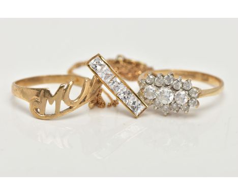 TWO 9CT GOLD RINGS AND A YELLOW METAL NECKLACE, a yellow gold cluster ring set with circular cut cubic zirconia stones, hallm