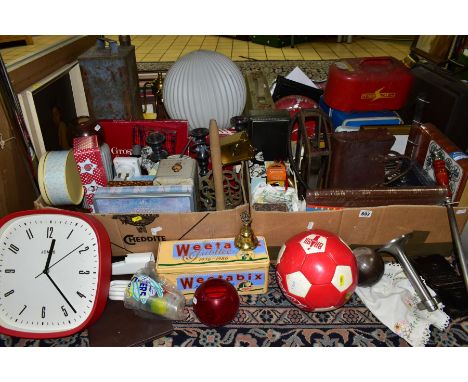 FOUR BOXES AND LOOSE METALWARE, HOUSEHOLD SUNDRIES, PRINTS, TINS, ETC, including an aluminium jam pan, unused photograph albu