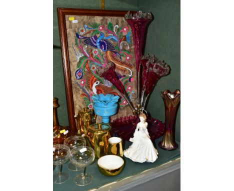 A GROUP OF CERAMICS, GLASSWARES, WOODEN CANDLESTICKS AND A BARK PAINTING, comprising a Royal Worcester four piece gold lustre