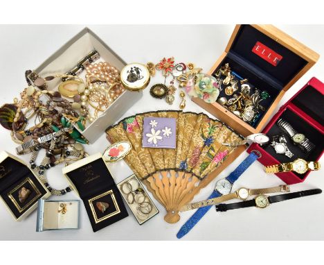 A BOX OF COSTUME JEWELLERY AND WATCHES, to include a small red box with contents of fashion wristwatches with names such as '