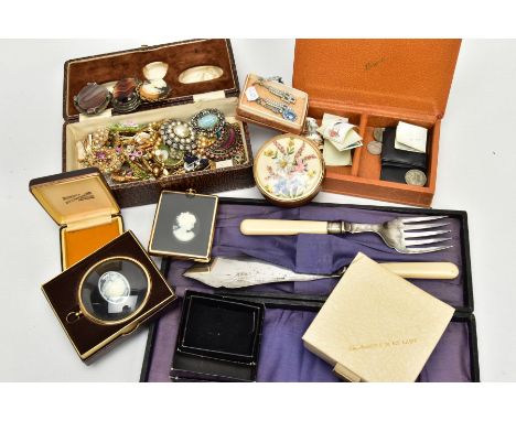 A BOX OF ASSORTED ITEMS, to include three jewellery boxes, an embroidered trinket box, two 'art nouveau in cameo' from the mi