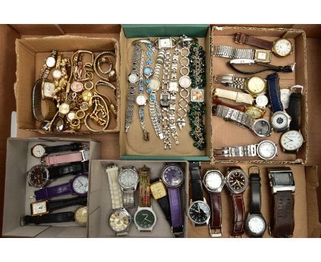A BOX OF ASSORTED LADIES AND GENTLEMENS FASHION WRISTWATCHES, mostly quartz movements with names such as 'Limit, Lotus, Lorus