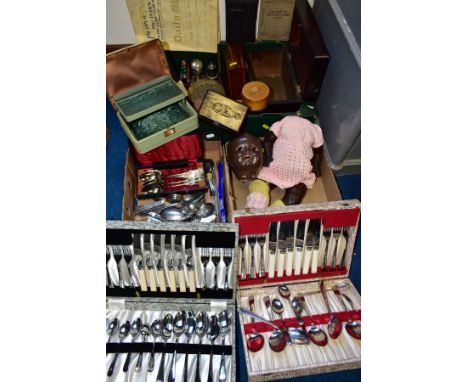 THREE BOXES OF SUNDRY ITEMS, METAL WARE, ETC, to include a distressed child's doll, three cutlery boxes with contents, variou
