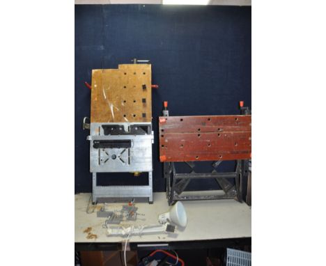 A WOLFCRAFT WORKBENCH with router and circular saw fixings, a Black and Decker Workmate and a Clarke workshop light (3)