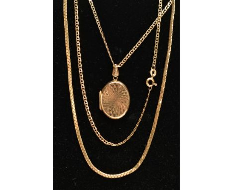 A 9CT GOLD LOCKET PENDANT NECKLACE AND A CHAIN, the locket of an oval form decorated with a diamond cut pattern design to the