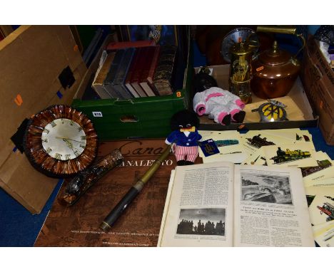 TWO BOXES AND LOOSE BOOKS, PICTURES, CLOCKS, METALWARES AND SUNDRY ITEMS, to include a BC &amp; Co Ltd The Hawk telescope, a 