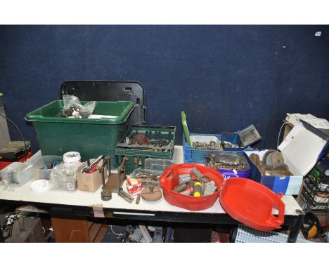 THREE TRAYS CONTAINING TOOLS AND HARDWARE including drill bits, milling cutters, sockets, rachets, grinding wheels, a Hozeloc