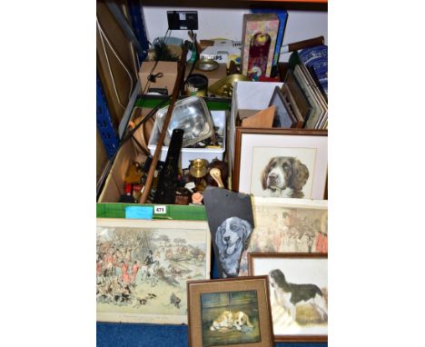 THREE BOXES AND LOOSE OF METALWARES, PRINTS, TREEN, COLLECTORS, DOLLS, ETC, to include a pair of late Victorian brass spill h