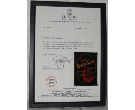 The Beatles original fan Club Patch framed with certificate from Christies