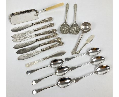 A small quantity of vintage and antique silver plated cutlery and flatware. To include a silver collard crumb tray, a set of 