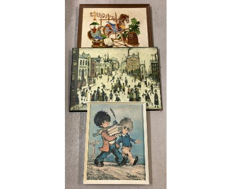 2 vintage mid century prints together with a framed embroidered picture of an antique shop window. A wooden framed Michel Tho