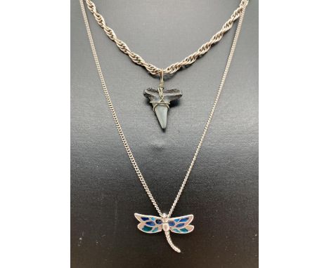 2 decorative pendants on silver chains. A small dragonfly with enamel set wings on an 18" fine curb chain with lobster clasp.