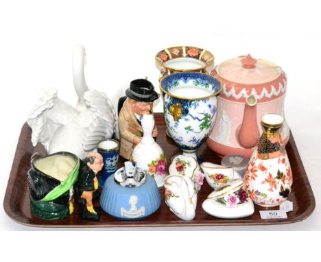 A tray of decorative ceramics including Royal Crown Derby, Lladro, Wedgwood, etc