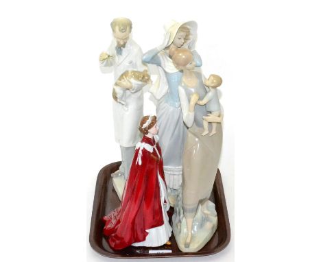 Three Lladro china figures and a Royal Worcester china figure, celebrating the Queen's 80th Birthday (4) 