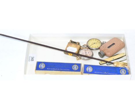 A plated Dunhill lighter, two pen knives, pedometer pocket watch etc 