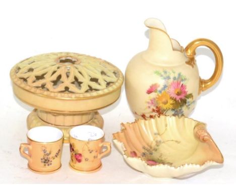 A group of Royal Worcester blush ivory including two miniature cups, a jug and a dish, together with a Locke & Co potpourri 