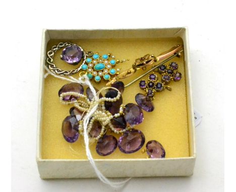 A turquoise and seed pearl pendant, an amethyst and seed pearl necklace (incomplete a.f.) a 9ct gold ruby set brooch, sterlin