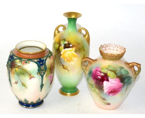 Three Royal Worcester vases painted with roses