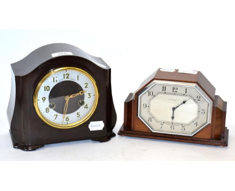 One Bakalite mantel clock and a mahogany cased mantel clock by Eveleigh Bishop Ltd, Leeds