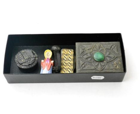 A Worcester candle snuffer (a.f.), inlaid snuff box, two bog oak pieces depicting a harp and castle, a small box and cover an