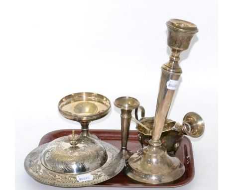 A silver sauce boat, a pair of silver spill vases, a silver loaded candlestick, a silver loaded pedestal dish, a silver jam s