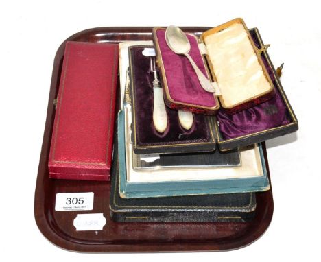 Two silver cigarette cases, a silver card case, a Victorian silver and mother of pearl Christening set, two cased silver spoo