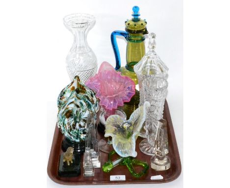 Glass Jack in the Pulpit vases, cut glass, a Continental decanter and stopper, etc