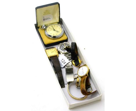 Two Tissot wristwatches, a Rotary wristwatch, a pocket watch and two other watches