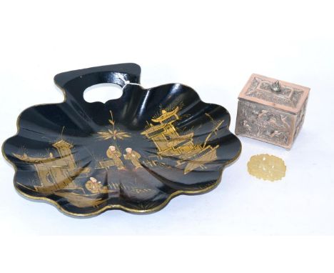 A 19th century Indian white metal tea caddy, jade type pendant and a lacquered tray 