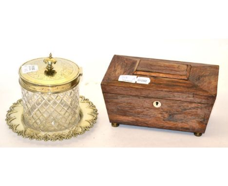 A tray including Coalport figures, a pair of flat back figures, Nao, a silver plated and cut glass biscuit barrel, a rosewood