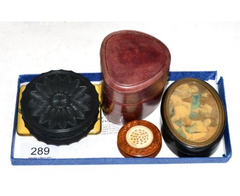 A 19th century three bottle travelling set with enamel lids, together with a compact, 19th century pin holder and two other b