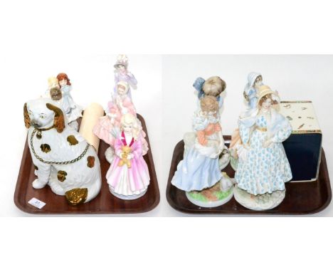 Nine china figures by Royal Worcester and Coalport, a Royal Crown Derby figure and a Staffordshire pottery spaniel 