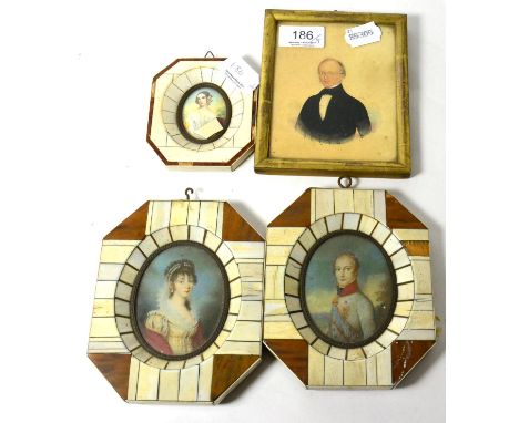 Three 19th century piano key miniatures together with another portrait miniature (4) 