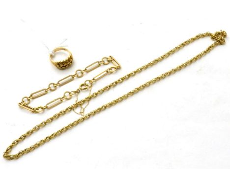A 9ct gold fancy link bracelet, a 9ct gold Prince of Wales chain and a 9ct gold ring, size K (3) Fancy link bracelet - 6.04g 