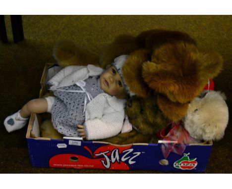 Assorted soft toys including three Steiff bears, Hermann bear, Steiff sleeping cub, Ferrari bear etc and a modern ADG doll (o