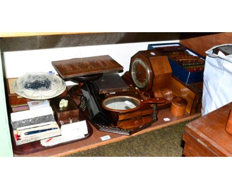 A shelf of  Victorian boxes, Art Deco mantel clock, fountain pens, a Concord blotter, playing cards, etc