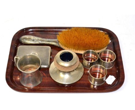 Silver match striker, silver cigarette case, napkin rings, mug etc 8.8ozt