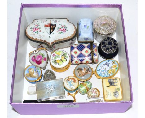 An armorial porcelain trinket box, 19th century; together with various enamel boxes including Halcyon days; with other porcel