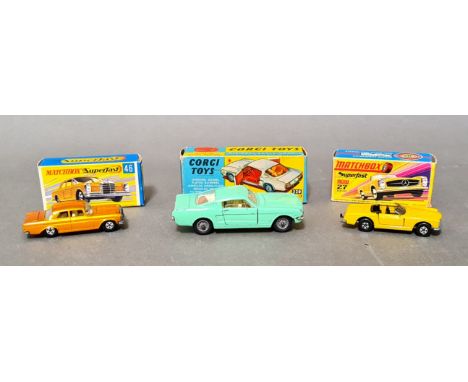 Three vintage boxed die cast model vehicles; Matchbox Superfast 27 Mercedes, Matchbox 46 Mercedes and a Corgi Ford Mustang.