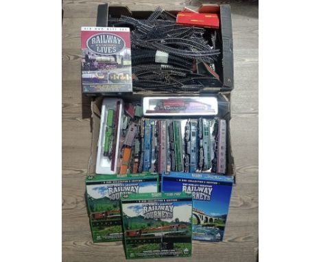 2 boxes of model railway item to include locomotives, rolling stock, large quantity of track and railway dvds 