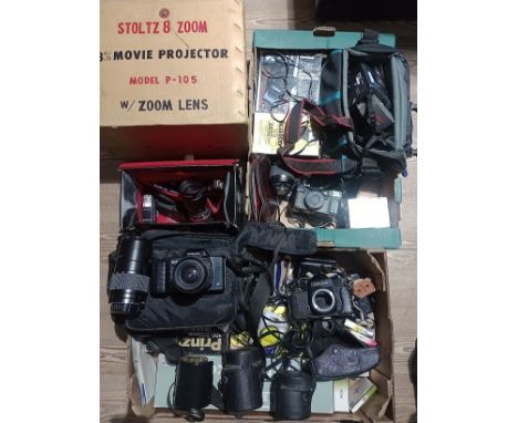2 boxes of cameras and accessories to include a cine cam, Olympus DX, vintage headphones, Chinon, Vivitar and various lenses 