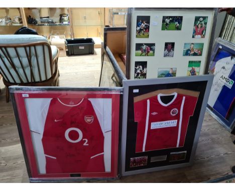 A signed Arsenal f.c. shirt, a signed photo of Alan Shearer with other photos and a hutton youth team signed shirt, framed an