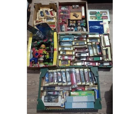 4 boxes of boxed diecast vehicles, mostly boxed to include Corgi, Matchbox and Lledo. and a box of vintage toys to include Sp