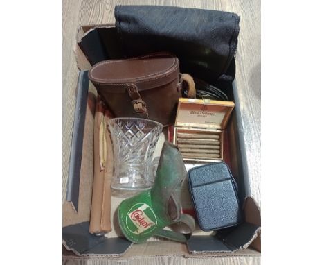 A box of mixed collectables including binoculars, vintage Castrol oil jug, cut crystal vase, OS one inch map of England and w