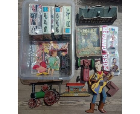 A box of vintage toys to include boxed Matchbox model kits, a Tri-ang tractor, model Mamod steam engine, tin engine, model ra