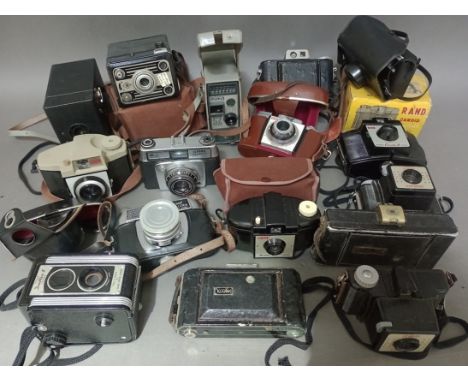A box containing vintage cameras; Kodak, Ilford, Eumig etc. 